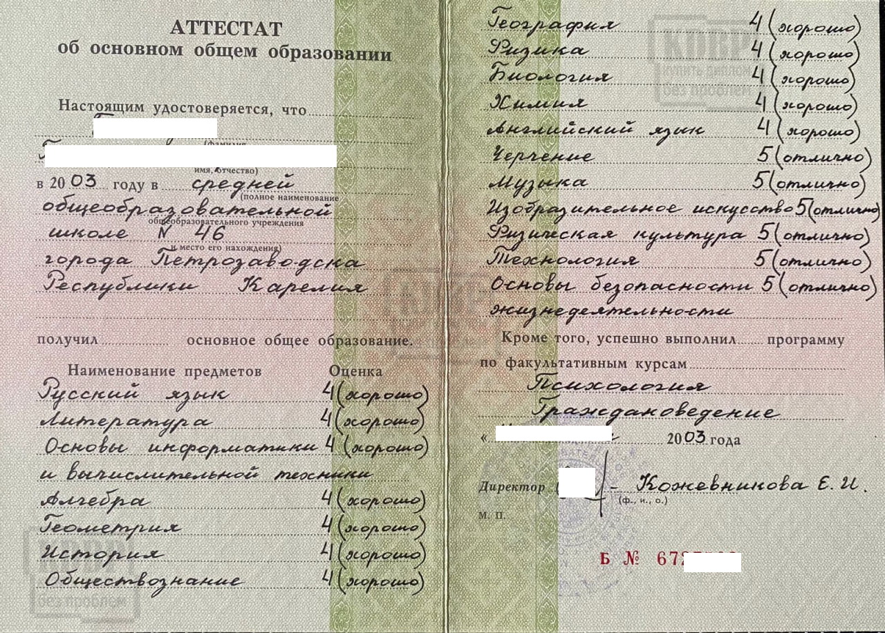Аттестат 9 классов СОШ № 46 г. Петрозаводска Республики Карелия (2003 г.)